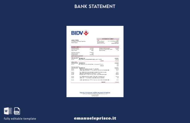 modello word di estratto conto bancario BIDV Vietnam in stile verificato